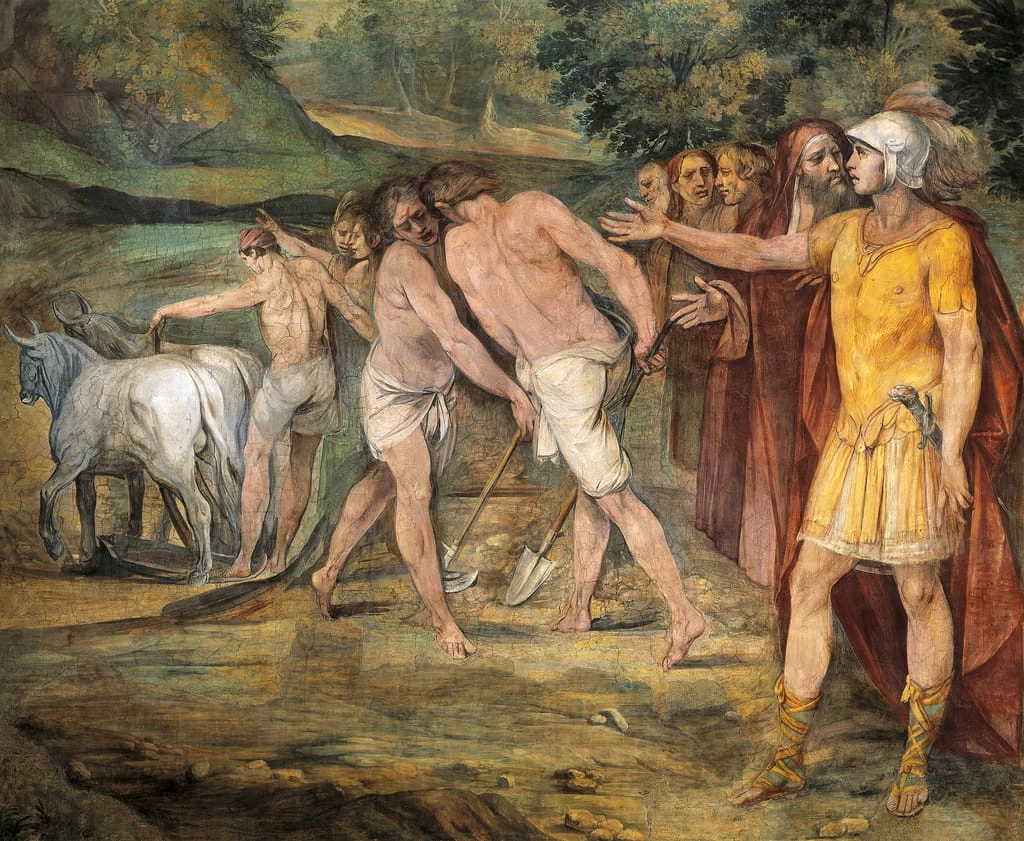 Romolo traccia la linea di confine intorno alla futura città di Roma - Sala degli Orazi e dei Curiazi, Palazzo dei Conservatori, Roma